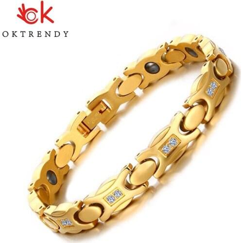 Women Adjustable Crystal Bracelet Hematite Magnetic Bracelet Gold Color Stainless Steel Chain With Zircon Stone Mujer Pulseras