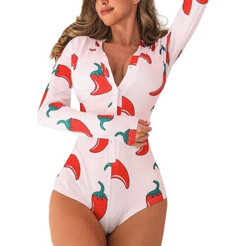 Women Long Sleeve Bodysuit Lip Print Single Breasted Decoration Sexy Deep V Neck Summer Clothing