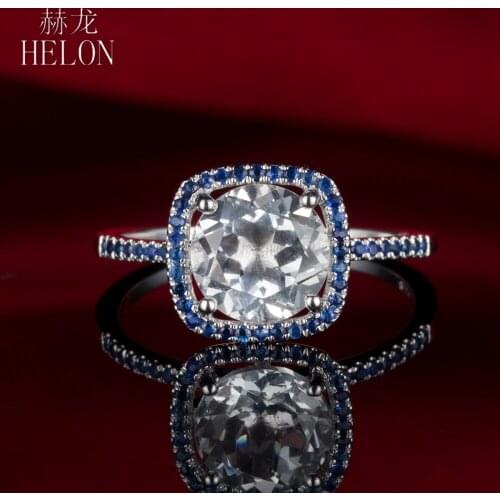 HELON Round 8mm Genuine Natural White Topaz & Sapphires Ring Sterling Silver 925 Engagement Wedding Ring Women Trendy Jewelry