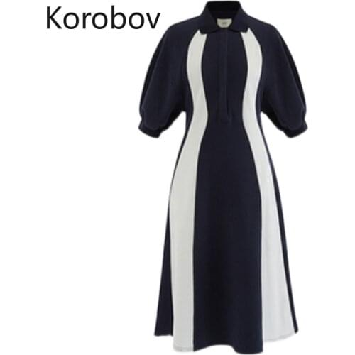 Korobov Korean Hit Color Patchwork Women Dress Vintage Hit Color Puff Sleeve Turn-Down Collar Dresses 2021 New Fashion Vestidos