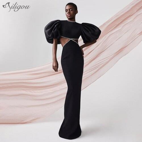 Ailigou Womens Bodycon Bandage Long Dress Sexy Short Puff Sleeve Beaded Black Halter Club Celebrity Runway Party Dress Vestido