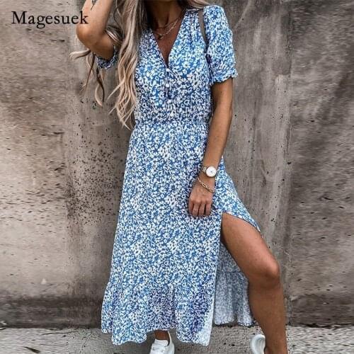 Summer 2021 Fashion Dress for Women Printed Deep V-neck Button Stitched Dress Beach Style Puff Sleeve Dress Vestido Robe 15979