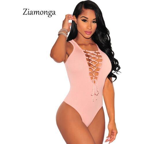 Ziamonga 3 Colors Sexy Lace Up Bodysuit Solid Strap Bathing Suit Rompers Womens Jumpsuit Hollow Out Overalls Maillot De Bain