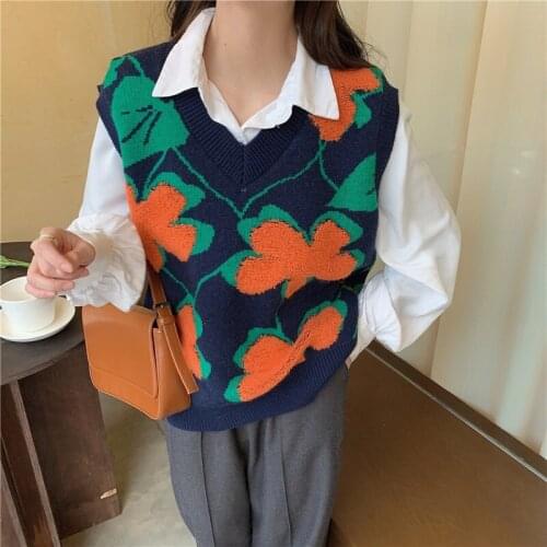 Winter retro flower sweet sleeveless knitted vest elegant fashion all-match vintage outgoing jumpers chic winter sweaters 2020