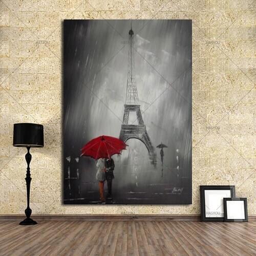 100% Handpainted Red Umbrella Romantic Paris City Tower Oil Painting on Canvas Poster Wall Picture for LivingRoom Bedroom Decor