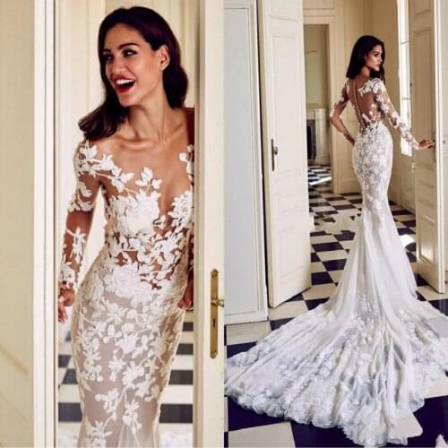 Sexy Lace Appliques Mermaid Wedding Dresses Long Sleeves See Through Button Back Bridal Gown Long Plus Size Wedding Dress