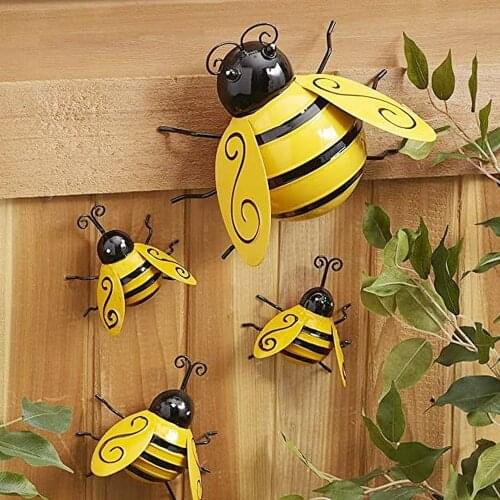 4 PCS Happy Bee Day Garden Decoration Insect Statue Countryside Style Metal Bumble Bee Ladybug Outdoor Wall Sculptures Fence