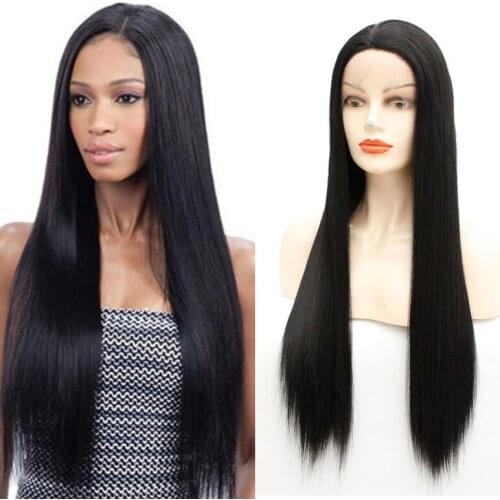 60cm 26" Lace Front Wig Natural Black Long Straight Synthetic Full Wig Middle Part for Women Cosplay Costume Party or Daily Use