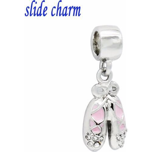Slide charm Free shipping White crystal pink ballet shoes pendant charm beads fit Pandora bracelet