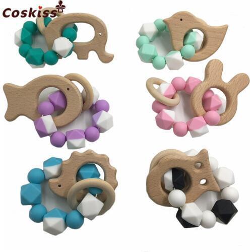 6pcs Beech Animals Nursing Bracelets Teething Wooden Food Grade Silicone Beads Rattles Toys Personalized Bracelets