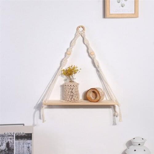 Wood Wall Shelf Handwoven Macrame Tapestry Decoration Storage Rack Wall Hanging Dried Flowers Vase Ornaments Candle Holder