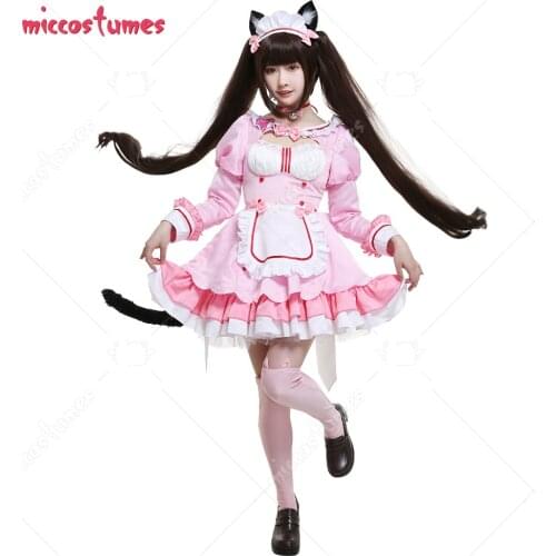 Nekopara Chocola Catgirl Cosplay Costume Chest Open Maid Dress Ruffled Round Collar Long Sleeve Ears Hair Clips Choker Tail