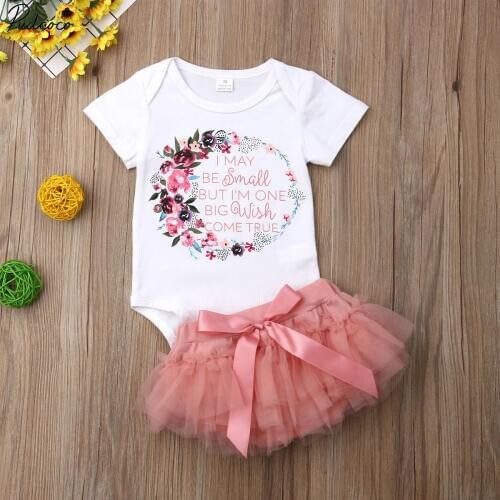 Summer Newborn Kids Baby Girl Outfit Floral Letters Romper Bodysuit Tops +tutu Tulle Skirt Kids Clothes Sets 0-18 Months
