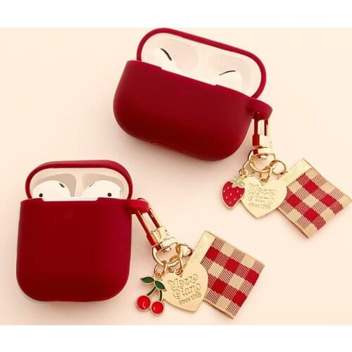 Cute Wine Red Silicone Earphone Box For Apple Airpods Pro 3 Case for AirPods 2/1 Protect Cover With Cherry Love Heart Keychain
