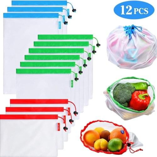 12 Pack Reusable Mesh Produce Bags Washable Eco Friendly Lightweight Bags for Grocery Shopping Storage Fruit Vegetable Net Bag