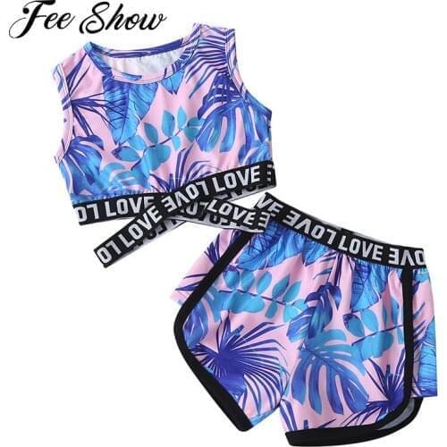 2Pcs Kids Girls Fashion Running Sets Casual Summer Suit Sleeveless Leaves Print Tops Elastic Waist Shorts Set for Exercise Sport
