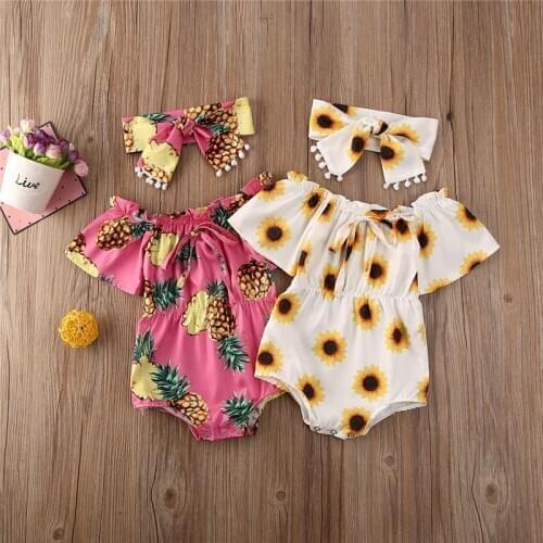 0-24M Newborn Toddler Infant Baby Girl Flower Pineapple print Romper Jumpsuit Playsuit Headband 2PCS Outfits Clothes