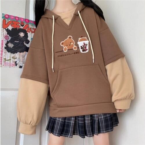 Teen Girls Aesthetic Long Sleeve Pullover Harajuku Fashion Women Hoodies Winter Clothes Kawaii Fleece Cute Bear Anime Sweatshirt