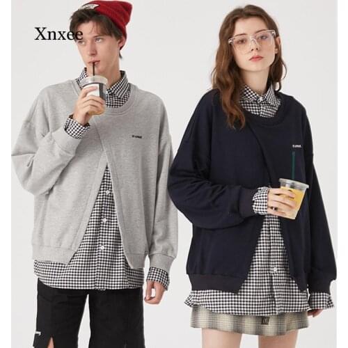 Men Women Couple Pullover Sweatshirt Male Streetwear Plaid Collar Shirt Splice Casual Loose Long Sleeve Unisex Hoodie Sweater