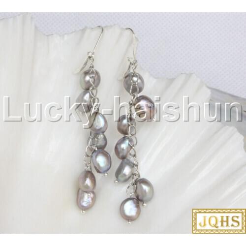 JQHS 2.5" Gray grape baroque Freeform potato freshwater pearls dangle earrings 18KGP hoop j12271