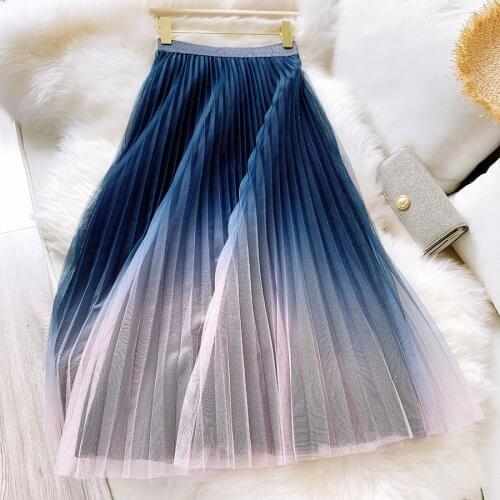 Good Quality Women High Waist Pleated Long Skirt Bohemian Two Layer Gradient Color Summer Mesh Skirt Faldas Jupe Femme Saia