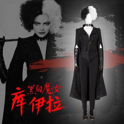 Cruella Cosplay Coat Rock Collar Black Uniform Woman Long Flared Sleeves Dreses Halloween Outfits Adult Cruella De Vil Cosplay