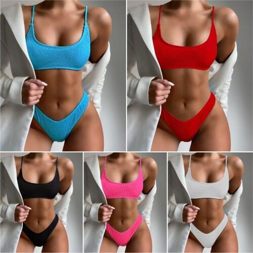2021 Bikini Women Women Separate Swimsuit Pure Color Wrinkle Simple Bikini Swimming Hot Spring Beach Wear