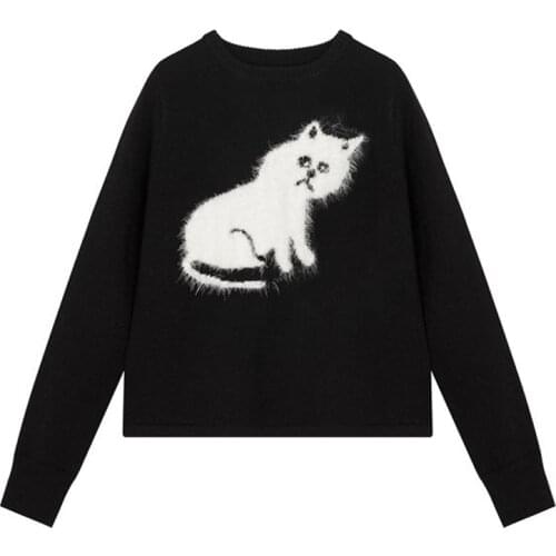 PERHAPS U Women Sweater Knitted Pullovers Long Sleeve Crew Neck Black Cat Lovely Sweet M0342