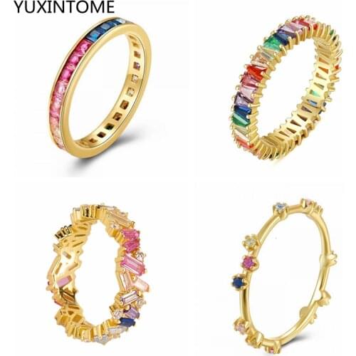 Plated 24K Gold/925 Silver Zircon Rings Charming Rainbow Crystal Rings For Women Fashion Anniversary Jewelry Gift