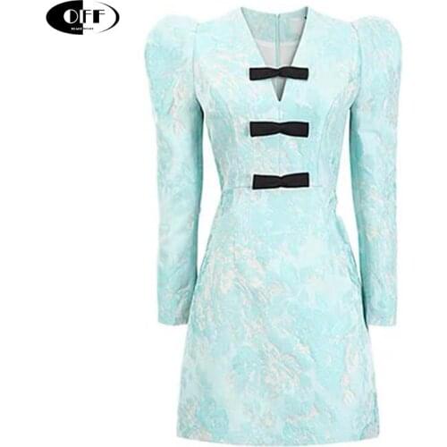Designer Runway Party Dinner Mini Womens Dress Puff Long Sleeve Blue Bow Elegant Sexy V-Neck High Waist Wedding Short Dresses