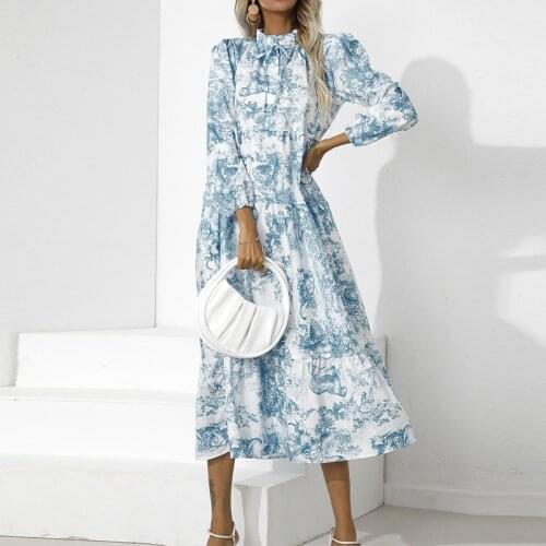 Autumn New Long Sleeve Womens Midi Dress O-neck Chic Floral Print Lace Up Loose Female Dresses 2021 Elegant Ladies Vestidos