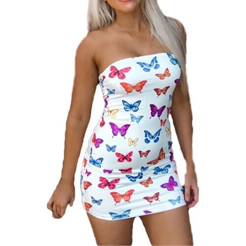 Women Sexy Strapless Butterfly Print Dress Ladies Summer Fashion Off Shoulder Dress