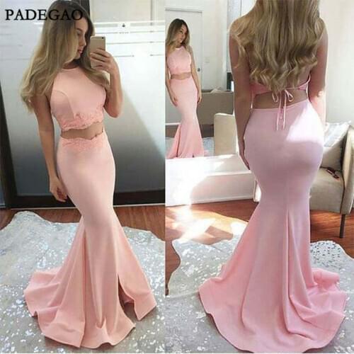 Sexy Pink Evening Dresses Mermaid Long Appliques Prom Stain Floor Length Sweep Train Two Pieces Ruched Evening Dress Custom Made