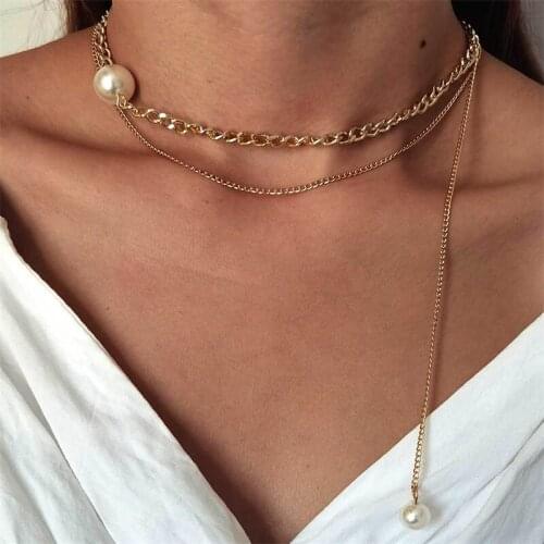 2 Pcs/Set Women Necklaces Set Bohemian Beach Simple Pearl Pendant Gold Color Clavicle Chain Ladies Party Jewelry