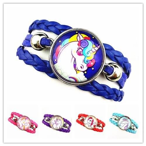 24pcs New style Cartoon Unicorn Dome Cabochon Bracelets red pink purple rose Charms Trendy Bracelets for Girls