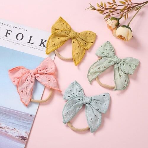 28 Pcs/Lot, 4 inch Embroidery Lace Sailor Bow Nylon Headbands Or Hair Clips, Handtied Fabric Hair Bow Headwear For Kids Girls