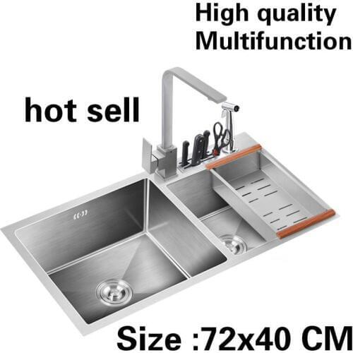 Free shipping Apartment multifunction wash vegetables luxury kitchen manual sink double groove 304 stainless steel 720x400 MM