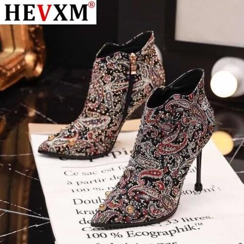 Autumn Winter Shoes Ankle Boots Zip Ladies High Heels Female Fashion Short Boots Unique Pattern Design Rhinestone Decoration