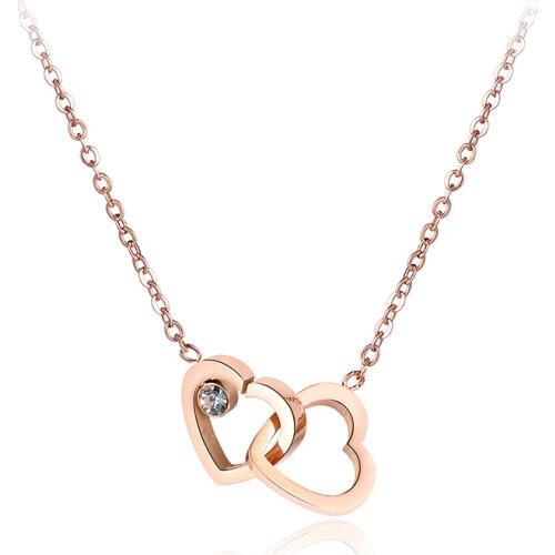 JeeMango Double Heart Cubic Zirconia Chain & Link Necklaces Jewelry Titanium Steel Rose Gold Chokers Necklace For Women N18058