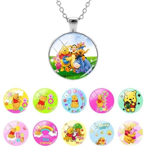 Disney Pooh Bear Cartoon Pattern Flat Bottom 25mm Glass Dome Pendant Long Chain Necklace for Girls Cabochon Jewelry Gifts WN469
