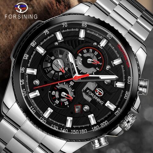 Forsining Silver Grey Mens Mechanical Watches Multifunction 6 Hands Date Military Army Sport Steel Strap Automatic Clock Relogio