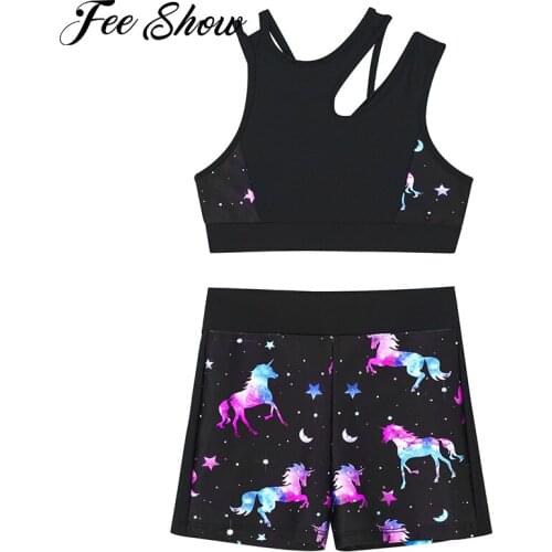 Kids Girls Asymmetrical Straps Open Back Crop Vest High Waist Shorts Set Summer Sportswear Stretchy Running Gym Workout Clothes