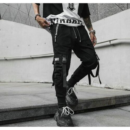 2020 Spring Hip Hop Joggers Men Black Harem Pants Multi-pocket Ribbons Man Sweatpants Streetwear Casual Mens Pant