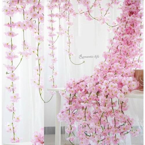 200cm Artificial Flower Cherry Vines Rattan Garland Wall Hanging Silk Cherry Blossoms Wedding Fake Flower Girl Home Party Decor