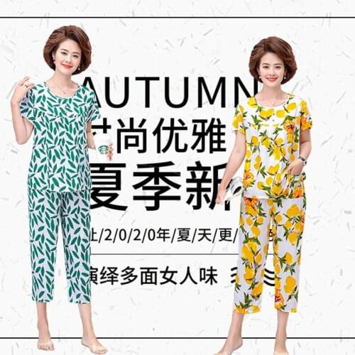Middle-aged and Elderly Womens Summer Suits Short Sleeve Cotton linen T-shirt Top & Wide-leg Pants 2 Pcs Home Service Sets 4XL