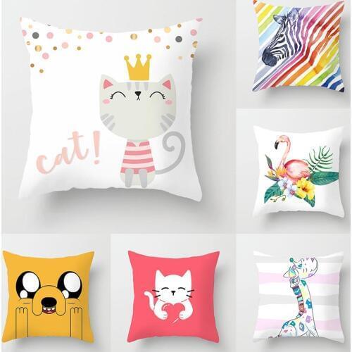 Cute Cat Cushion Cover Cartoon Animal Cat Dog Polyester Throw Pillow Case Cover Unicorn Flamingo Decor Pillowcases Kussenhoes