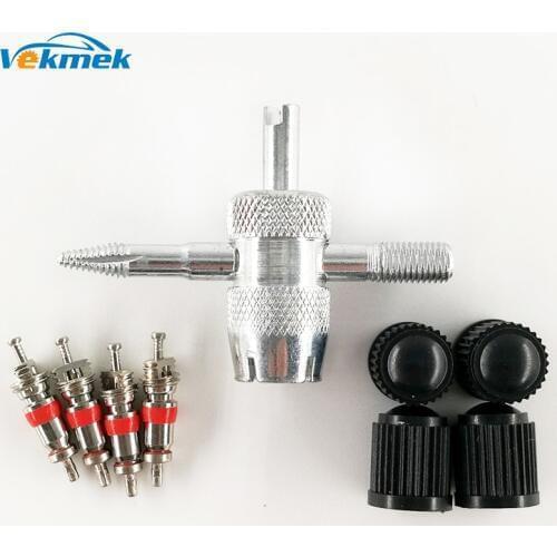 1 Set Tire Valve Service Kit 4 Valve Cores 4 Valve Caps 1 Four Way Metal Valve Stem Screwdriver Tire Repairing Tool sets