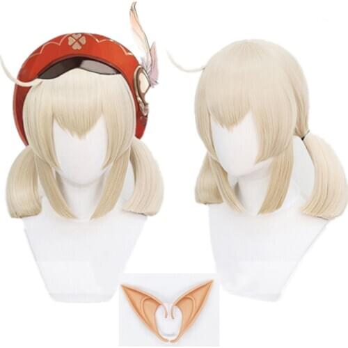Game Genshin Impact Klee Cosplay Wigs Ponytails Beige Medium Wig Heat Resistant Synthetic Hair Halloween + Free ears