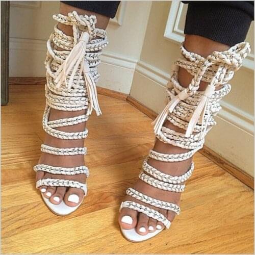 Sexy Chains Rope Women Sandals High Heels Stiletto Tassel Lace Up Gladiator Sandals Botas Strappy Celebrity Summer Shoes Woman