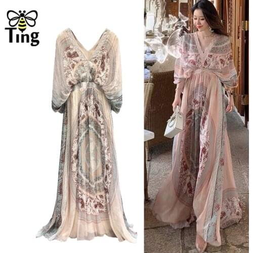 Tingfly Runway Vintage Printing Boho Maxi Long Dress V Neck Flowy Chiffon Summer Casual Long Party Evening Dresses Zaful Vestido